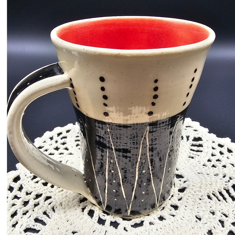 Artisan Studio Pottery Mug Red‎ Interior Black Cream Geometric Hand Painted